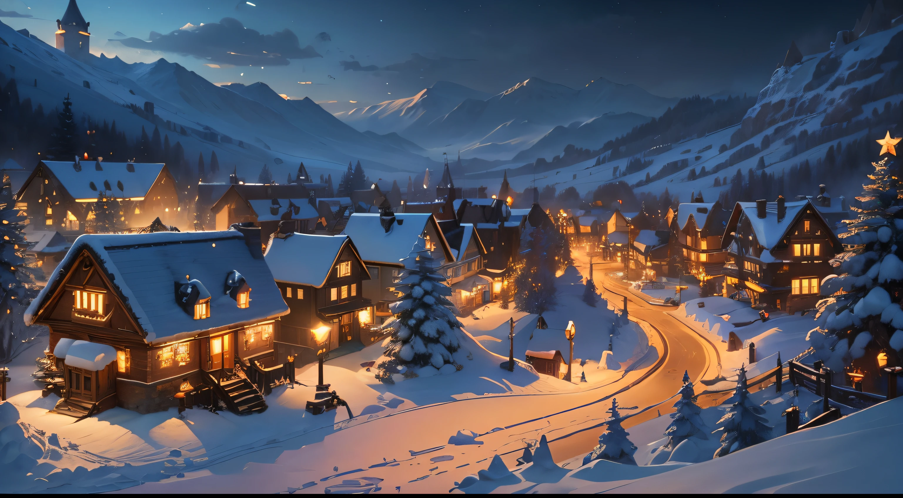 ((masterpiece)), (8k, high_resolution), (best quality), ultra-detailed, snowfall, snowy village with a train and a christmas tree in the middle, winter concept art, blizzard hearthstone concept art, background artwork, stylized concept art, town background, a bustling magical town, nightime village background, hearthstone concept art, fantasy town setting, hearthstone card game artwork, snowy winter christmas night, medeival fantasy town, magical village, town center background