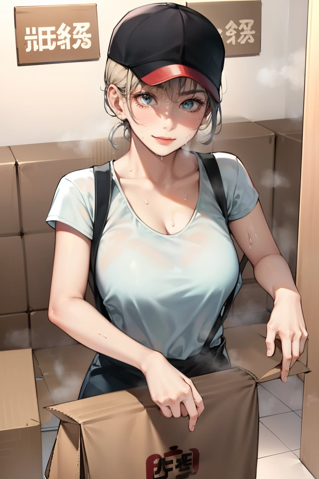 Cargo carrier lifting cardboard、, Smile, , white tank top workwear, Khaki, Red gloves, Light Blue Cap, Moving luggage、cardboard apartment background、moving company, ((Sweat, steam)), Coveralls