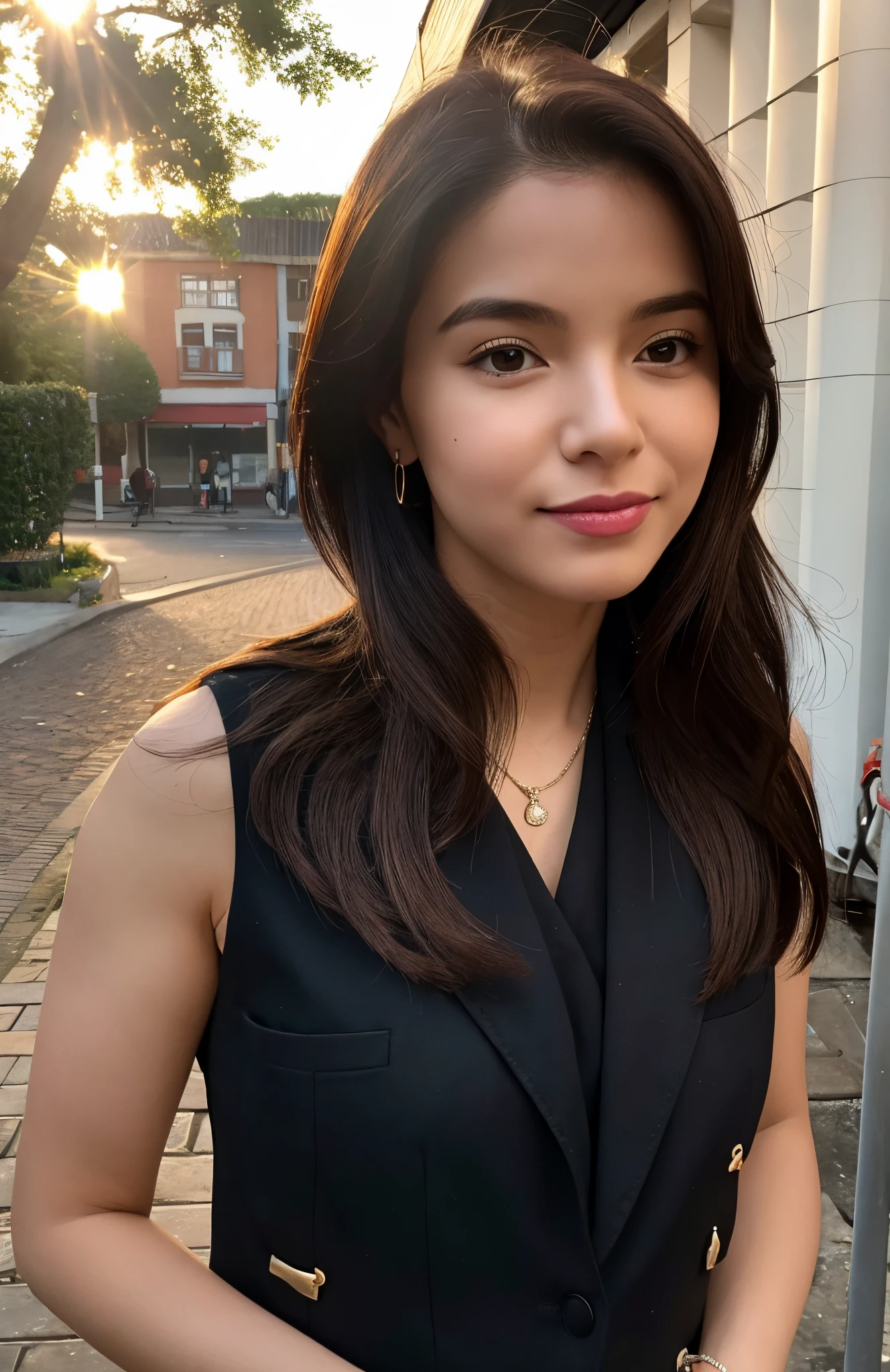 Pixar scene animation, A mulher, 30 anos, wearing casual pants, uma blusa de seda vermelha, e um blazer casual, em uma rua de uma pequena cidade, posar para uma fotografia, seu cabelo castanho liso, brilhando lindamente sob a luz do sol, o frescor da sua juventude representado em uma imagem perfeita, with perfect fine lines of body and facial features, Perfect realism with high definition and remarkable details,