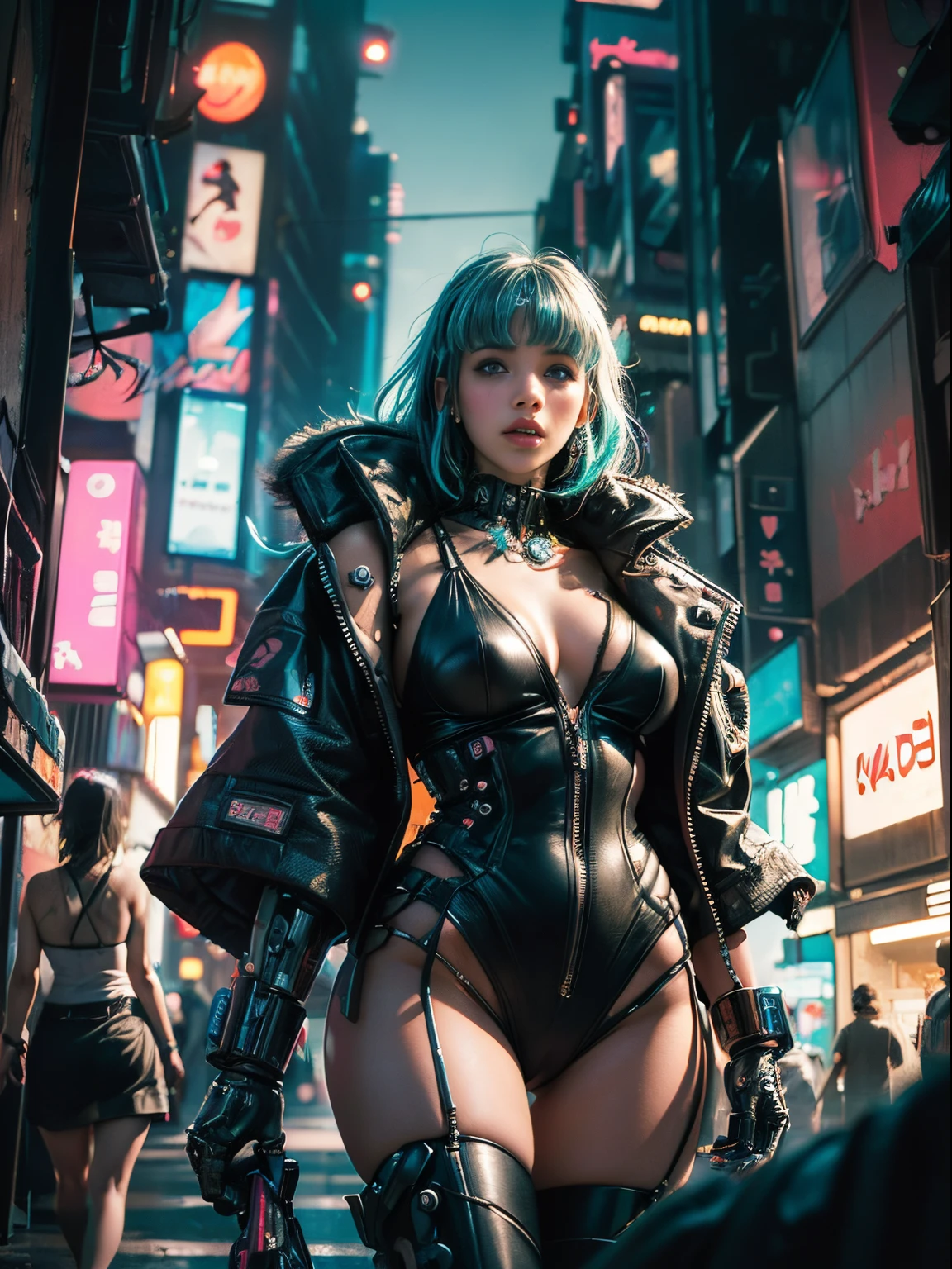 ((Masterpiece stunning Anime illustration)), ((2 extremely delicate and beautiful cybernetic Cyberpunk girl)), (2 girls), ((highly detailed face)), ((mechanical limb, mechanical vertebrae)), ((mechanical cervical attaching to neck)), (wires and cables attaching to neck:1.2), ((mass of wires and cables on head)), ((wearing colorful Harajuku tech jacket with logo)), (dynamic pose), ((cowboy shot)), (masterpiece), (((best quality))), ((ultra-detailed)), (highly detailed illustration), cinematic lighting, science fiction, extremely detailed,colorful,highest detail, (((cyberpunk city background, (Blade Runner), Harajuku district))), NSFW
