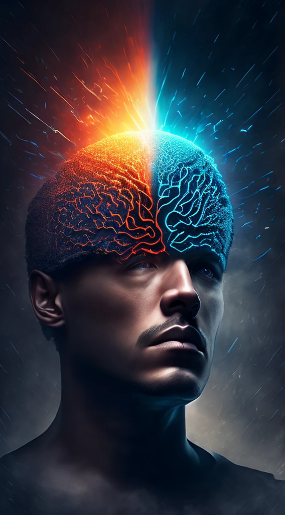 Create a dramatic image of a Mind-Defender resisting the mind control of an InvisiMind, showing their mental struggle.