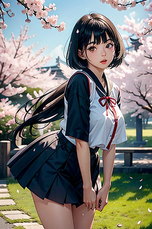 18yr old,ChineseGirl,height 1.69m,Full body like(Waist and above),Brown eyes, short black hair, Wearing black Japanese high school uniform,quadratic element, Royal sister style, Cherry blossom petals falling behind you,The sun shining on the girl,There are bangs in front of the forehead,Part of the hair hangs down on both sides of the face,The cheekbones do not protrude,The mouth not large,Slightly chubby cheeke cute,The body facing the camera,White skin,Redlip,Willow eyebrows,Thinner eyebrows,Cheeks are rounder,The arms are thinner,largeeyeirst person perspective,conservativelydressed