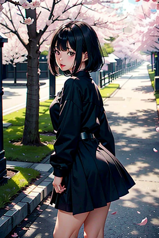 18yr old,ChineseGirl,height 1.69m,Full body like(Waist and above),Brown eyes, short black hair, Wearing black Japanese high school uniform,quadratic element, Royal sister style, Cherry blossom petals falling behind you,The sun shining on the girl,There are bangs in front of the forehead,Part of the hair hangs down on both sides of the face,The cheekbones do not protrude,The mouth not large,Slightly chubby cheeke cute,The body facing the camera,White skin,Redlip,Willow eyebrows,Thinner eyebrows,Cheeks are rounder,The arms are thinner,largeeyeirst person perspective,conservativelydressed