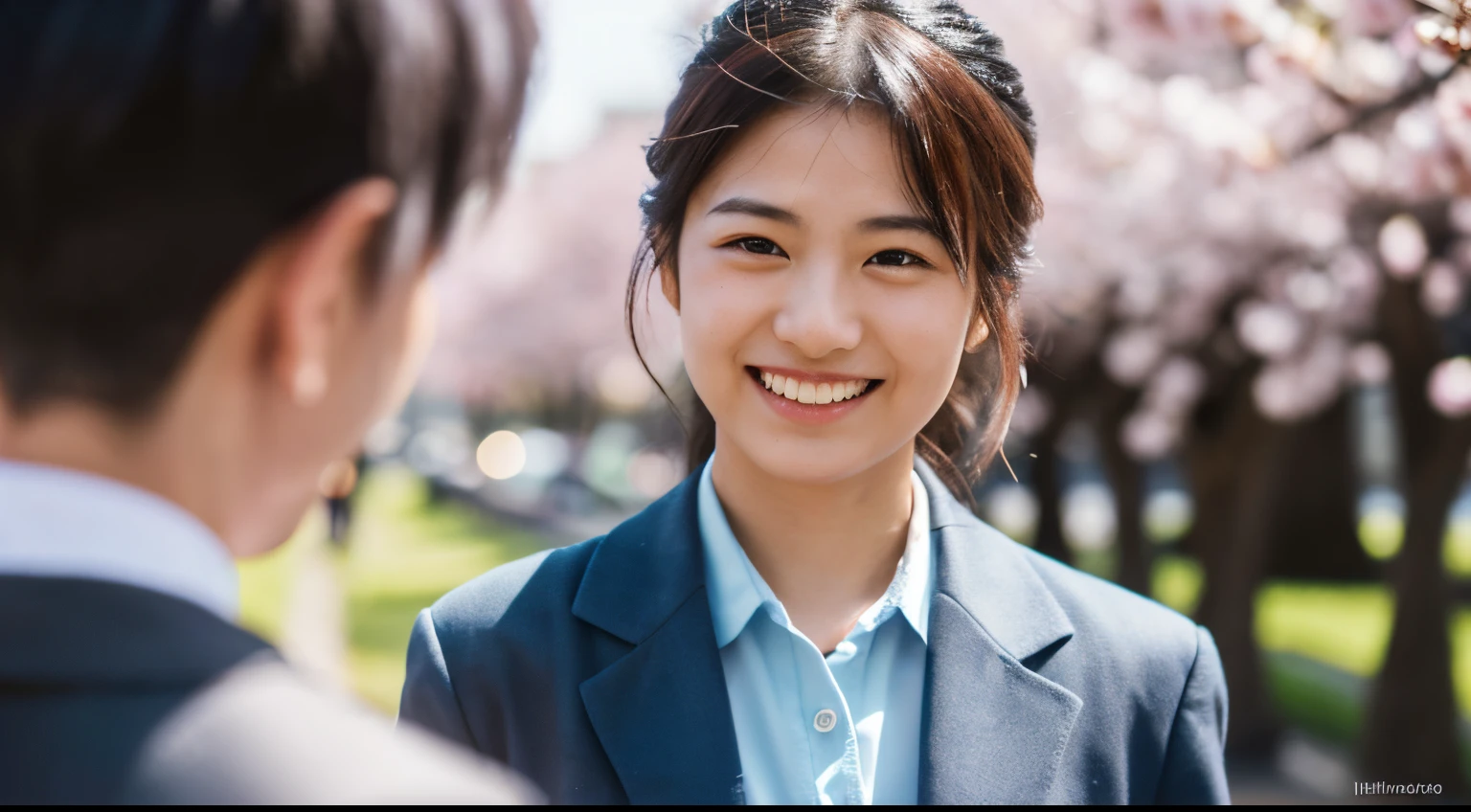 (RAW photo:1.5), (masterpiece:1.6, best quality:1.6), (8k photo), (photon mapping:1.6), (photorealistic:1.8), (detailed face:1.5), (spring), (April), (street under cherry blossoms), (1 young Japanese business woman and 1 Japanese young business man:1.5), (they are new emploee:1.5), (they are talking with laughing:1.25), ( background), (18 years old:1.7), (looking at viewer:1.4), (wide angle), (long shot), walking