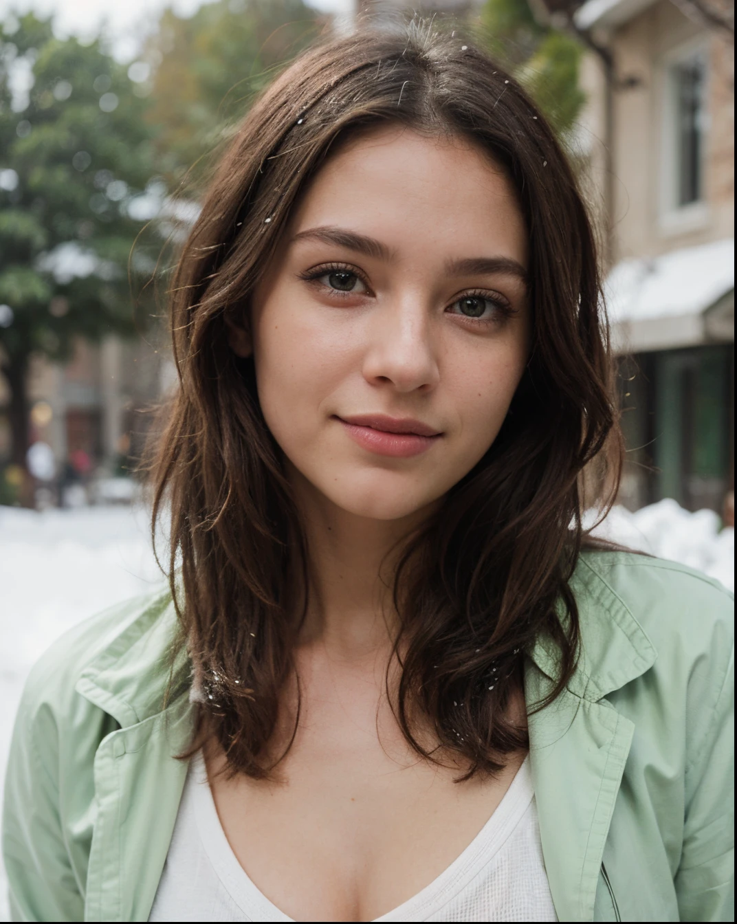Cute beautiful sexy European light-green-eyed brunette, 22 years old,
full body shot, outside in nature, cold, winter, snow, wearing warm jacket, gloves, chistmas vibe,
tiny waist, very detailed, innocent face, face-length 1.3 times the face-width, almond-shaped eyes, squared face-shape, high cheekbones, naturally wavy hair, light-green eyes, high-res, masterpiece, best quality, intricate details, very detailed, sharp focus, detailed skin, realistic skin texture, texture, detailed eyes, professional, 4k, charming smile, shot with Canon, light depth of field, Kodak Vision color, perfectly fitting body, extremely detailed, photo_\( ultra\), photorealistic, realistic, post processing, maximum details, roughness, real life, ultrarealistic, photorealism, photography, 8k UHD, photography