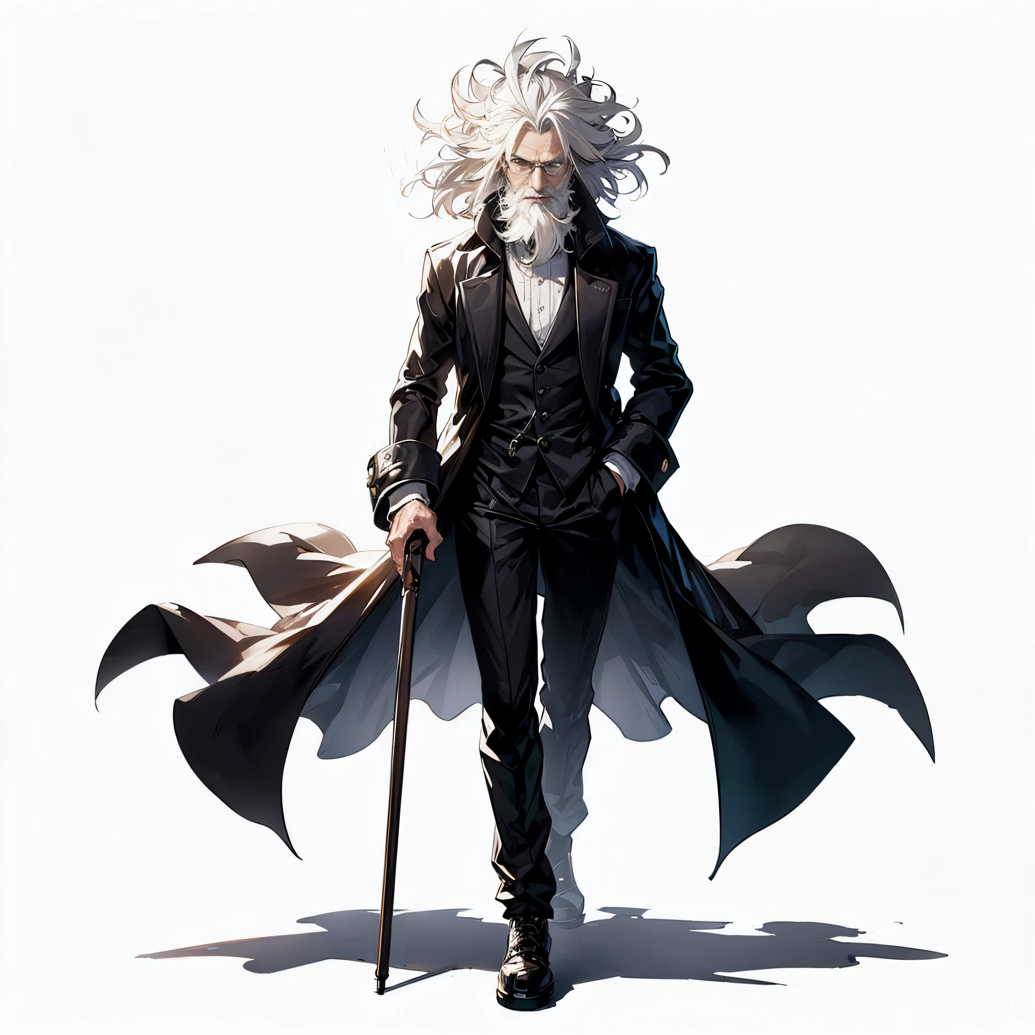 masutepiece, Best Quality), Ultra-detailed, Anime style, Whole body of a genius mad scientist, white hair and white beard, Dr. tenma, black frock coat and walking stick, 8K High Resolution, trend artstation, White background, Whole body,