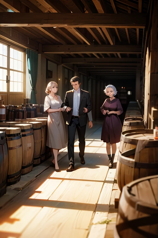 Oak barrel aging warehouse, left young man, middle grandmother, young woman on the right, 3 people