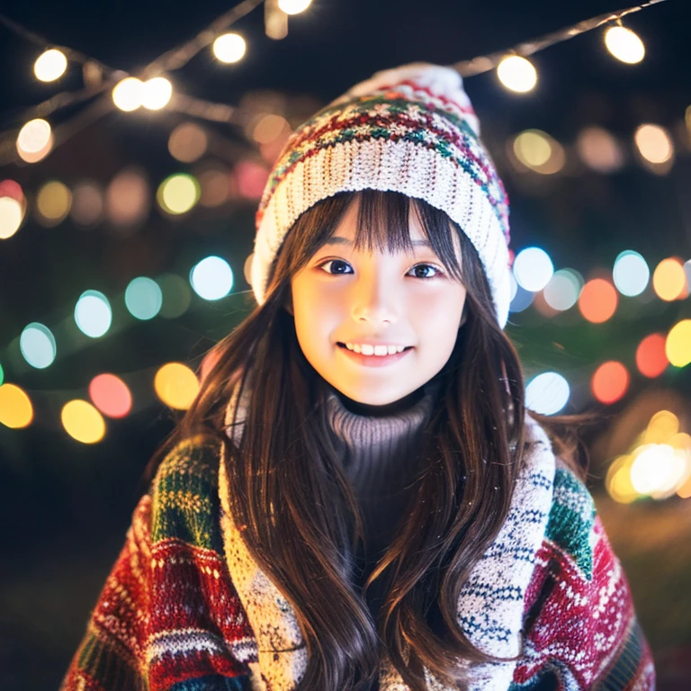 An ultra-high picture quality、Perfect Photo、japanes、japanese beauty girl、13years、((((directly in front))))、Winter clothes、Christmas Lights、lawn、straight haired、Knitted hats、Open your mouth a little、I am happy、look up sky、