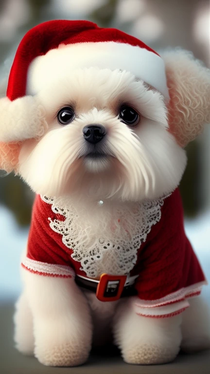 Cute, white, big-eyed, Bichon Frise, Small body, short legs, Black nose, small ears, Curly hair,dressed as santa?