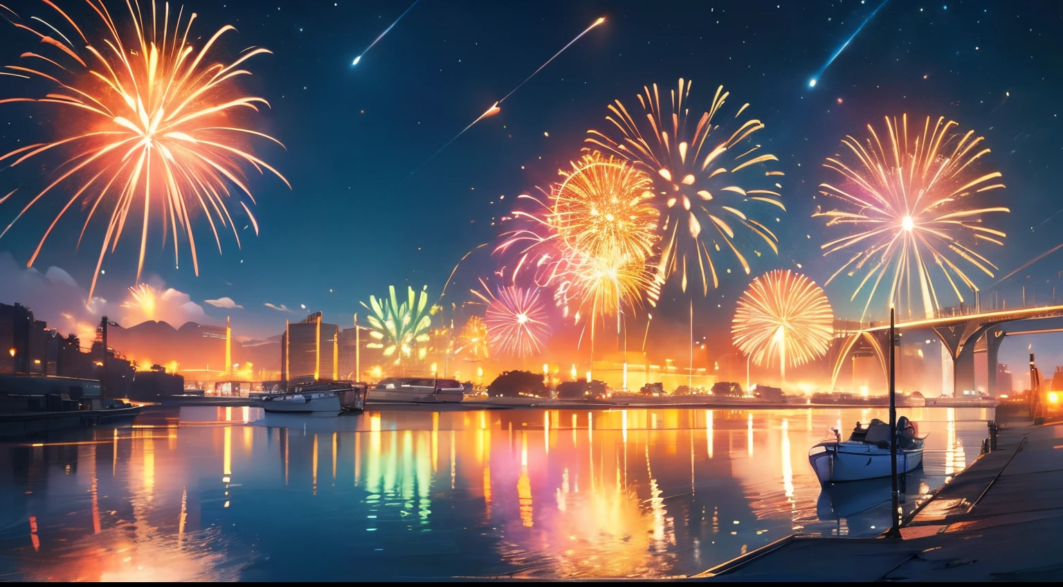 prompt:scene:0.9, (masterpiece), (((ultra detailed, 8k quality))), high quality, vibrant fireworks, red, green, blue, yellow, orange pink, neon
