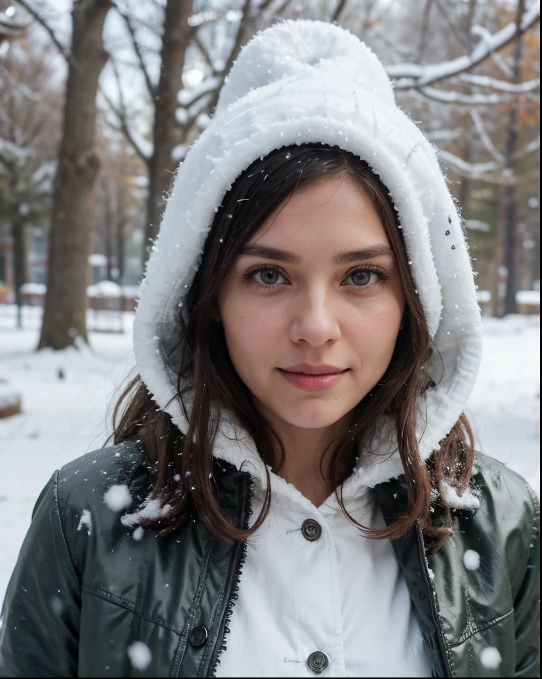 Cute beautiful sexy European light-green-eyed brunette, 22 years old, 

outside in forest, snow on trees, snow on ground, cold, winter, snow, wearing warm jacket, fully clothed, gloves, bonnet on head,

tiny waist, very detailed, innocent face, face-length 1.3 times the face-width, almond-shaped eyes, squared face-shape, high cheekbones, naturally wavy hair, light-green eyes, high-res, masterpiece, best quality, intricate details, very detailed, sharp focus, detailed skin, realistic skin texture, texture, detailed eyes, professional, 4k, charming smile, shot with Canon, light depth of field, Kodak Vision color, perfectly fitting body, extremely detailed, photo_\( ultra\), photorealistic, realistic, post processing, maximum details, roughness, real life, ultrarealistic, photorealism, photography, 8k UHD, photography