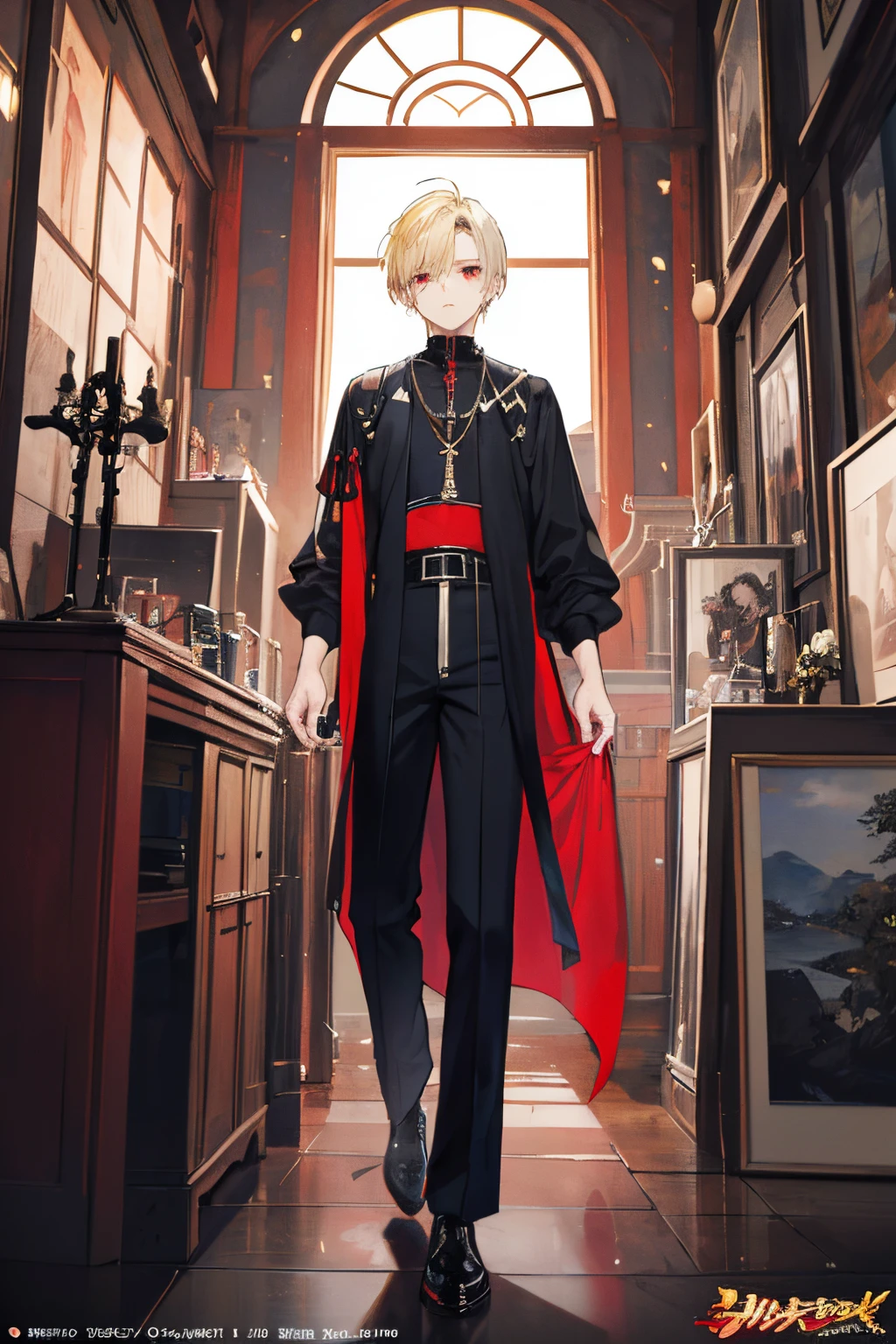 (masterpiece, top quality, best quality, official art, beautiful and aesthetic:1.2), (1boy:1.5), extremely detailed,(colorful:1.1),short blonde hair, red eyes, looking at viewer, shrine, night, serious, pants, black dress