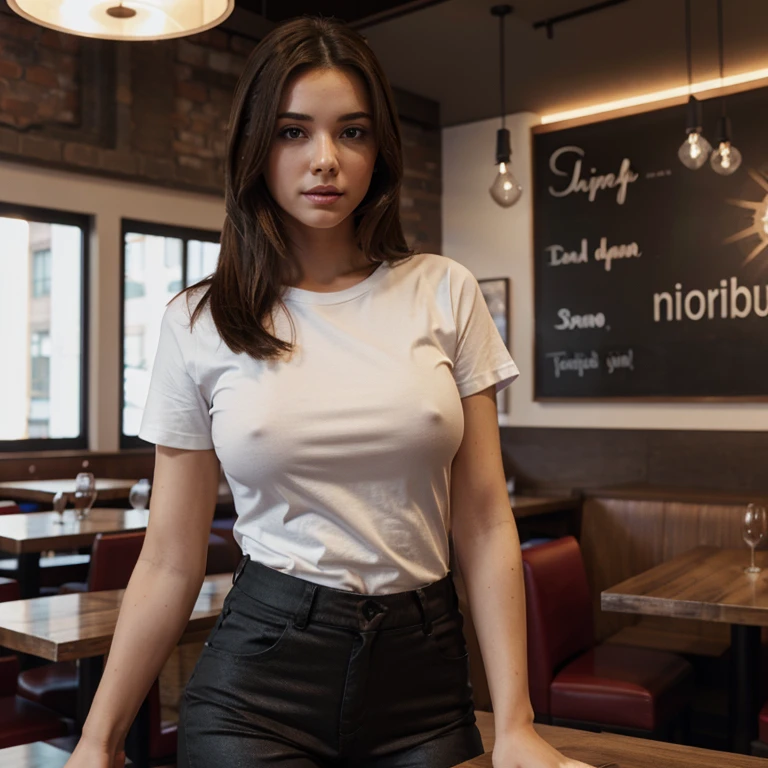 Brunette woman in restaurant in pants and t-shirt , em 3d e 4k