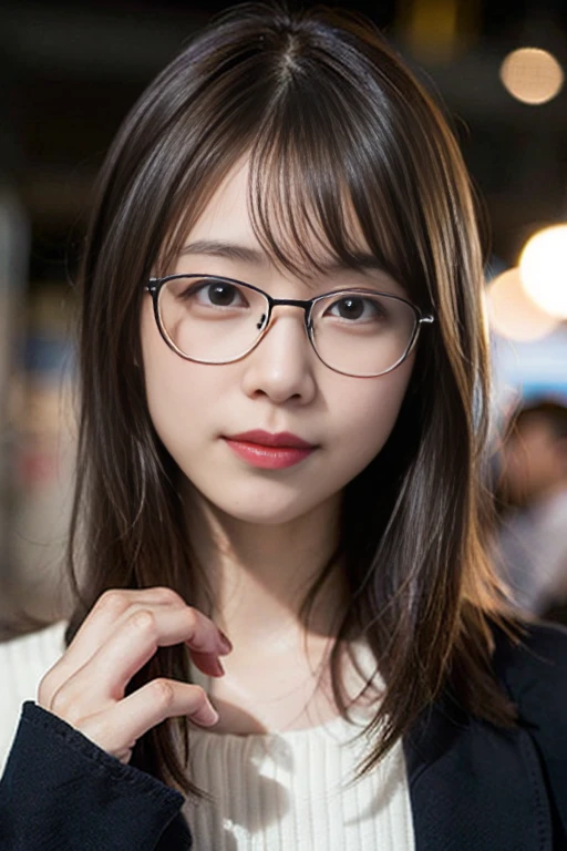 (8K、Raw photography、top-quality、​masterpiece:1.2)、(realisitic、Photorealsitic:1.37)、ultra-detailliert、超A high resolution、女の子1人、see the beholder、beautifull detailed face、A smile、Constriction、(Slim waist) :1.3)、short-cut、Beautiful detailed skin、Skin Texture、Floating hair、Professional Lighting、Wait for the platform train、Square glasses with black rimming 、Whole human body、Brown hair