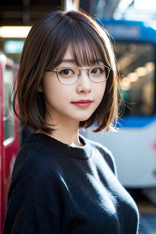 (8K、Raw photography、top-quality、masterpiece:1.2)、(realisitic、Photorealsitic:1.37)、ultra-detailliert、超A high resolution、女の子1人、see the beholder、beautifull detailed face、A smile、Constriction、(Slim waist) :1.3)、short-cut、Beautiful detailed skin、Skin Texture、Floating hair、Professional Lighting、Wait for the platform train、Square glasses with black rimming 、Whole human body、Brown hair