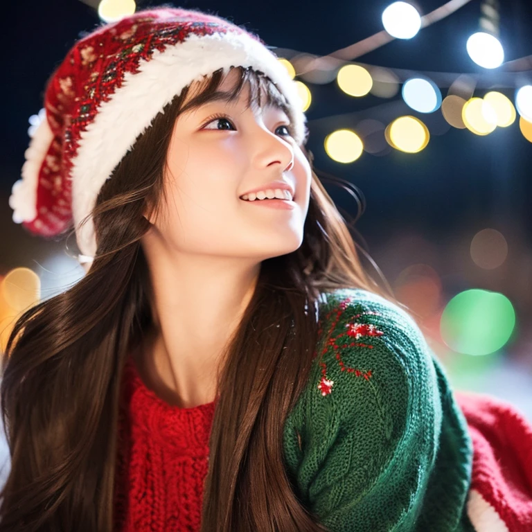 An ultra-high picture quality、Perfect Photo、japanes、japanese beauty girl、15yo student、((((directly in front))))、Winter clothes、Christmas Lights、lawn、straight haired、Knitted hats、Open your mouth a little、I am happy、look up sky、