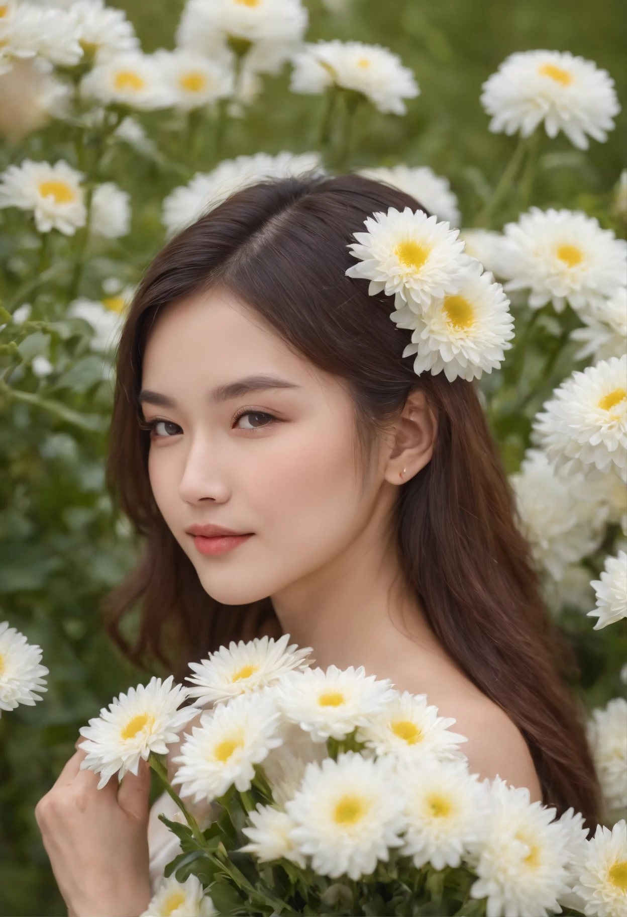 (Best Quality,4K,hight resolution,RAW photo,taken with 135mm F1.8 lens,masutepiece:1.2),Realistic,Christmas,girl (16 years old), there is a woman holding a bouquet of flowers in front of a bouquet of small white chrysanthemums, with small white chrysanthemums, with a field of small white chrysanthemums around, holding flowers, girl in flowers, woman in flowers, a young Asian woman, holding flowers, Beautiful young Vietnamese woman, flowers on heiress' cheek, portrait of woman holding flowers, woman standing in a field of flowers, girl standing in a field of flowers