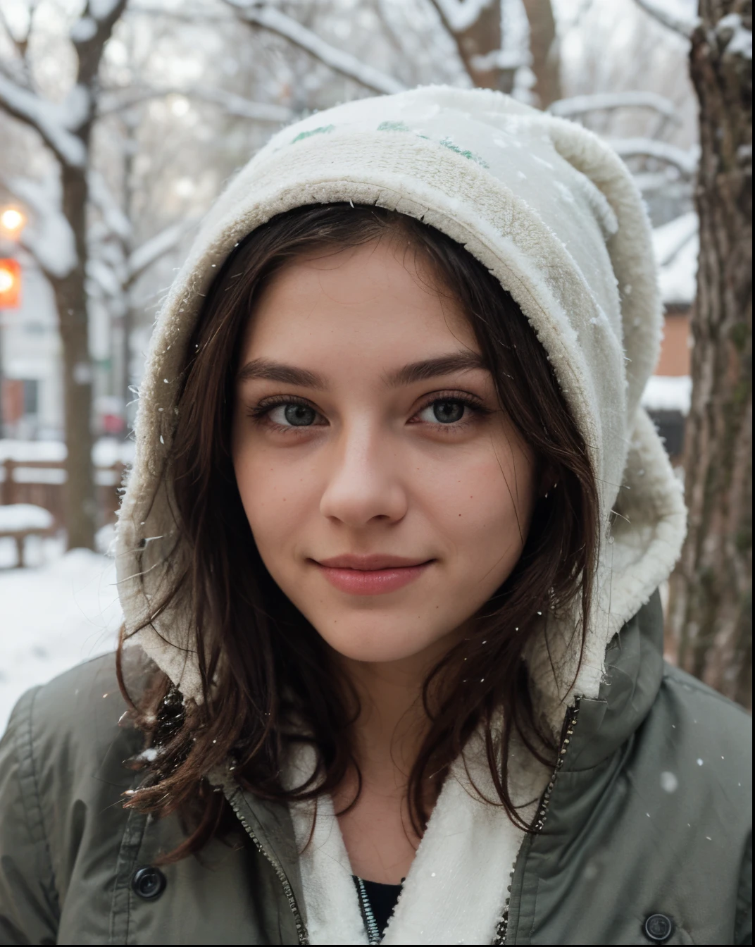 Cute beautiful sexy European light-green-eyed brunette, 22 years old, 

full body shot, outside in forest, snow on trees, snow on ground, cold, winter, snow, wearing warm jacket, fully clothed, gloves, bonnet on head,

tiny waist, very detailed, innocent face, face-length 1.3 times the face-width, almond-shaped eyes, squared face-shape, high cheekbones, naturally wavy hair, light-green eyes, high-res, masterpiece, best quality, intricate details, very detailed, sharp focus, detailed skin, realistic skin texture, texture, detailed eyes, professional, 4k, charming smile, shot with Canon, light depth of field, Kodak Vision color, perfectly fitting body, extremely detailed, photo_\( ultra\), photorealistic, realistic, post processing, maximum details, roughness, real life, ultrarealistic, photorealism, photography, 8k UHD, photography