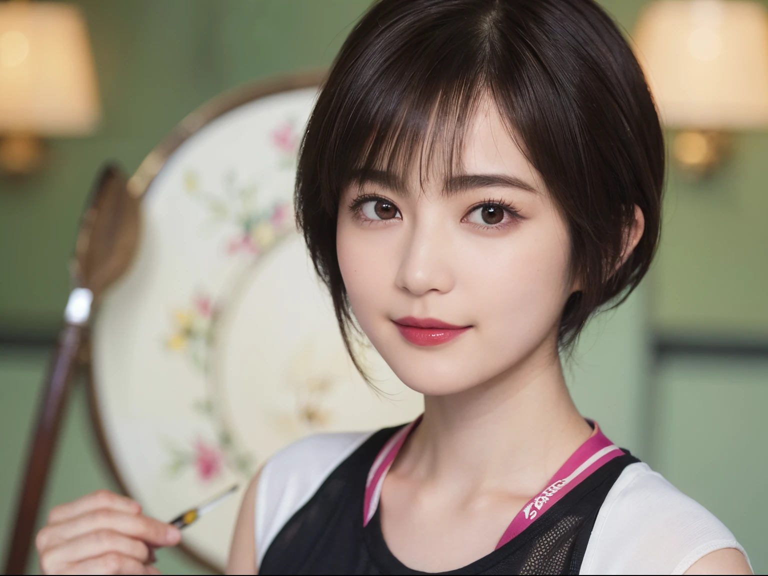 130
(a 20 yo woman,Wearing sportswear), (A hyper-realistic), (high-level image quality), ((beautiful hairstyle 46)), ((short-hair:1.46)), (Gentle smile), (breasted:1.1), (lipsticks), (Large room), (florals), (Painterly)