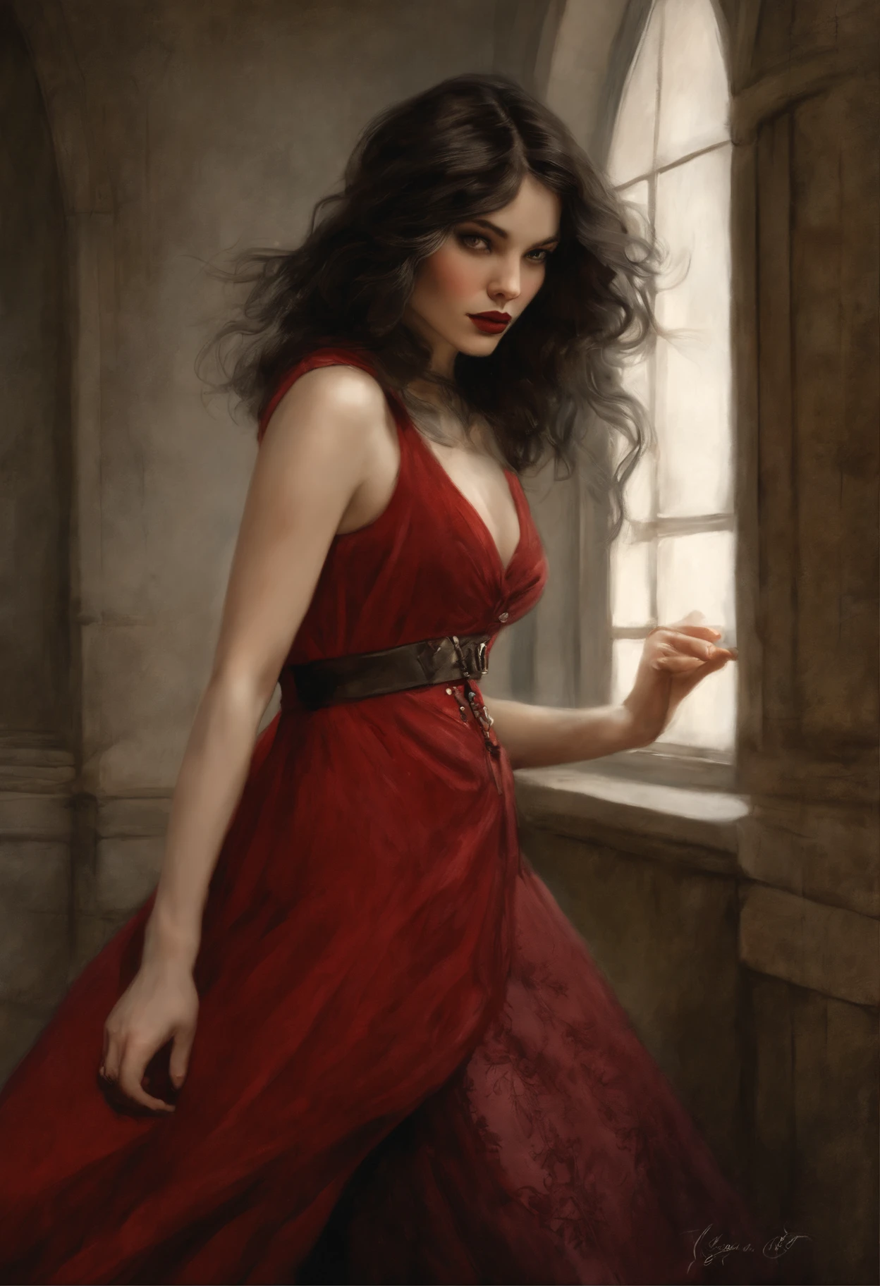 (Thirty year old) woman, standing, wearing a (floor length scarlet red Victorian dress:1.2), beautiful legs, dreamy photo, dramatic pose, looking straight at camera, intense stare, slight smile, blood red lips, dark eye make-up, beautiful gothic building, Victorian gothic, gothic architecture, misty, andre kohn, Canon, (Detailed features::1.2), real life. Hayley Atwell, intricate, 8k, highly detailed, (extremely detailed CG unity 8k wallpaper), ((square jaw)), (well defined jaw), (downturned lips), (detailed anatomy), Hyperrealistic full shot body image, trending on CGSociety, Intricate, High Detail, Sharp focus, dramatic, volumetric lighting, digital painting, intense, modelshoot style, (extremely detailed CG unity 8k wallpaper), full shot body photo of the most beautiful artwork in the world, pearl skin, professional majestic oil painting by Ed Blinkey, Atey Ghailan, Studio Ghibli, by Jeremy Mann, Greg Manchess, Antonio Moro, trending on ArtStation, photorealistic painting art by midjourney and greg Rutkowski