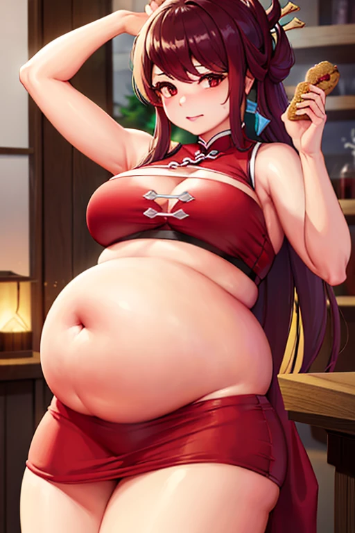 Fat, chubby, large belly, pregnant, obese, very fat, beidou, big belly, very fat, large stomach, chubby (best quality, masterpiece), thanksgiving, wearing sweater, grabbing belly, standing up, table with of food, table tons of food, lots of food, holding belly, table with food, standing, wearing sweater, Christmas, Holiday, Christmas cookie, beidou from genshin impact