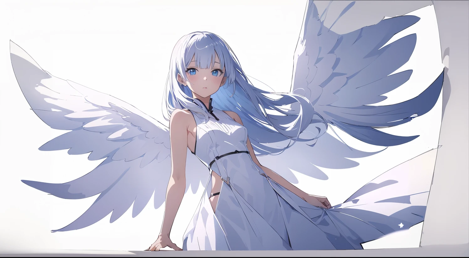 illustration of women, (anime style), (flat:1.5),1women,solo,squinting,light blue eyes,blunt bangs,long silver color hair,break,silver color dress,(angel wings on the back),BREAK,(white background:1.4), (upper body), (very wide shot:1.5), (from front:1.2), parted_lips