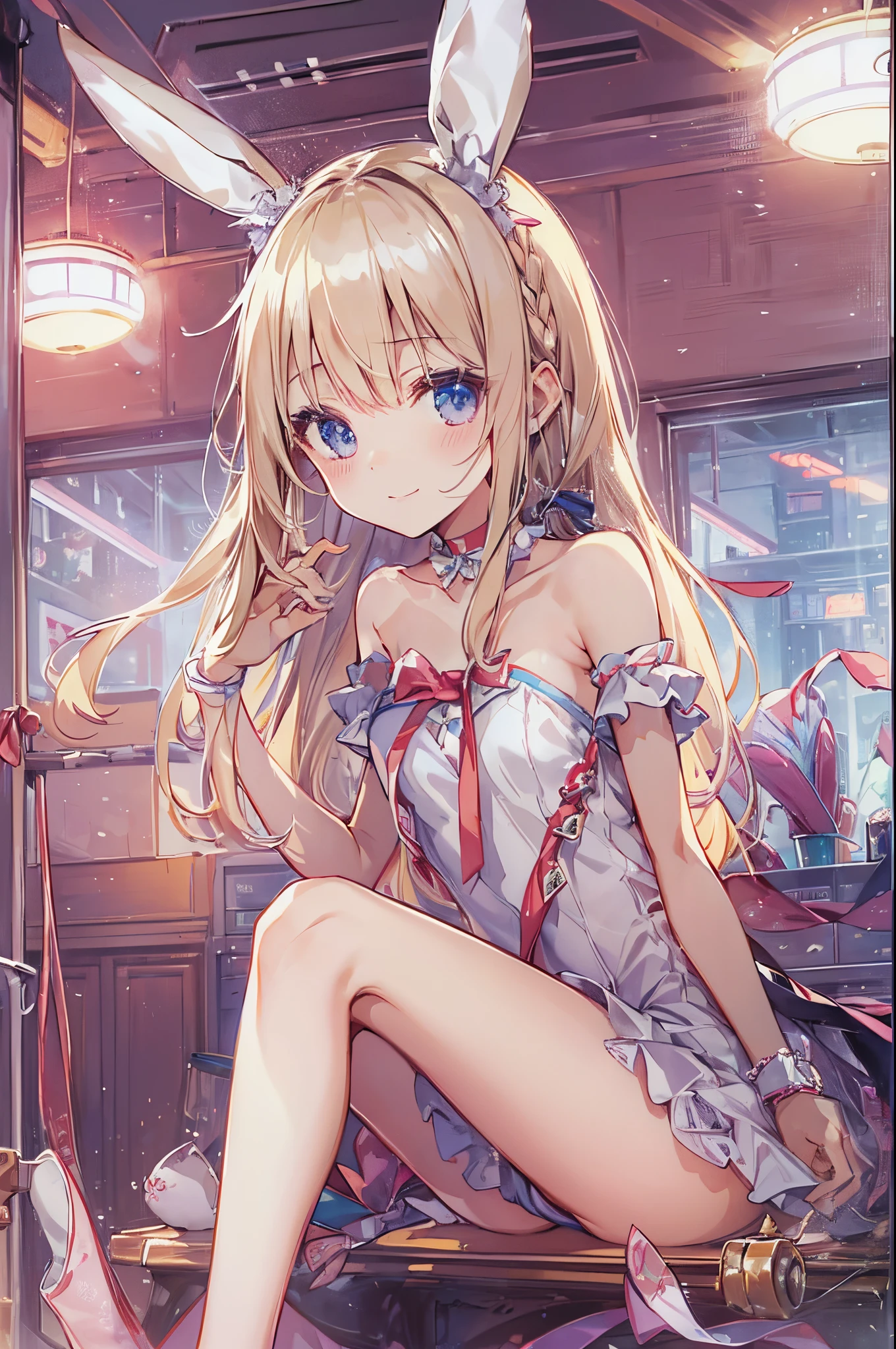 ((2D beautiful girl、top-quality: 1.2、Perfect fingers: 1.2、perfect anatomia: 1.1、Dress perfectly、face perfect: 1.1、4ｋ、8ｋ、top-quality、Perfect Finger 1.1、Perfect Anatomy 1.1))、Beautiful illustration with blurred background))、(Transformation Sequence)、、Solio、princess breast art、a baby face、((strigair))、(Slender legs)、Large sagging eyes:1.1、(1 persons)、A shy smile with a blush、inside in room、((bunnygirl、leotard、ribbon choker、Cuffs、Bunny Katyusha))、wide Shots、is standing、Full body depiction、