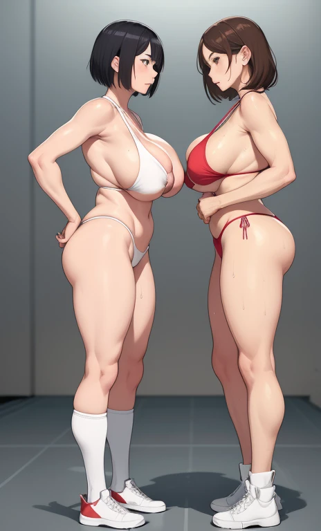 full body photographed、masterpiece、top-quality、hight resolution、A dark-haired、 Standing、weak、High leg cut monokini,sports bikinis、white sporty boots、distressed face、Sweaty skin、Professional wrestling venues、professional wrestling、((On the ring of professional wrestling:1.1))、Red face、45 year old women,Mature Woman、(( Standing:1.2))、Two Women、Looking at each other、look at each other closely、Glaring at each other(shot from a side angle:1.1)、Fat、Big ass、Only one foreign woman、(Saggy big breasts:1.2)、big nipples