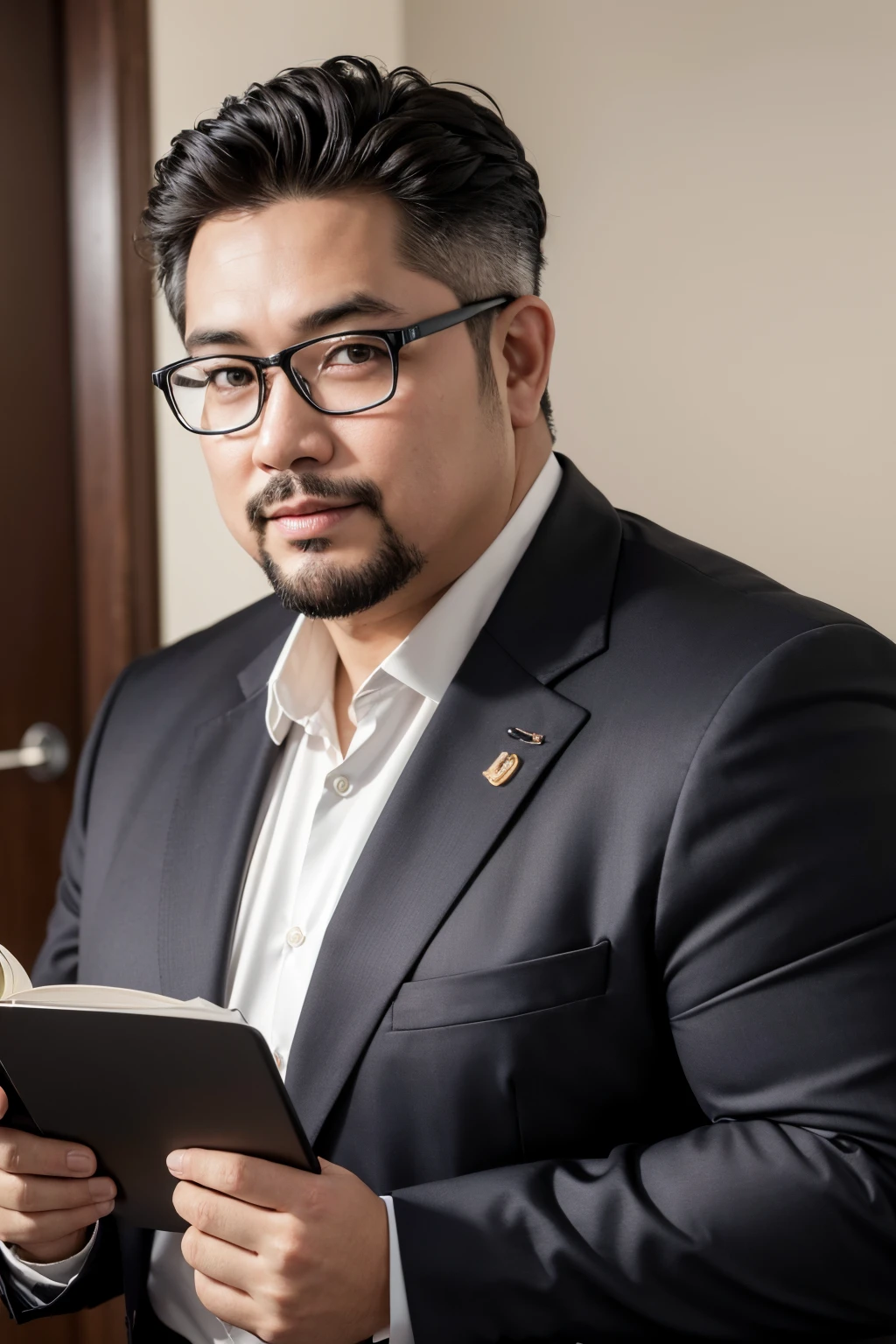 1man, Filipino, middle-aged, Plus-size, light-bearded, light-brown skin, short black hair, dark brown eyes, corporate attire, wears reading glasses, watching anime, high res, ultrasharp, 8k, masterpiece, looking at viewer