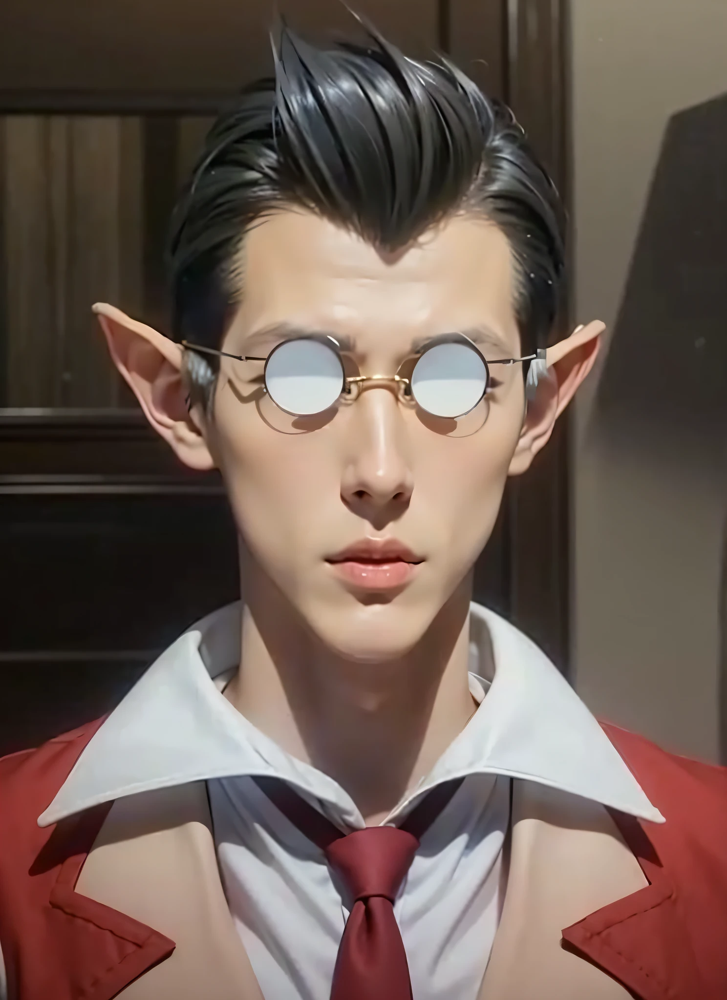 Masterpiece, anime CG, boy, white spiked short hair, wheat-colored skin, muscles, sports boy, wearing red tuxedo with white polo under, smooth texture, silk texture, golden pupils, perfect eyes