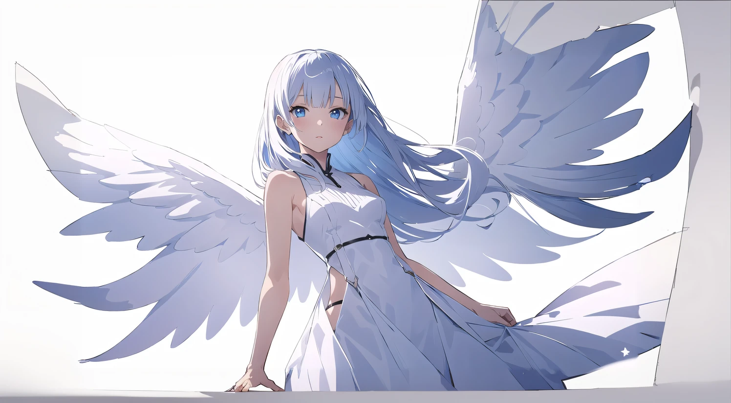 Illustration of a woman, (Anime style), (Flat:1.5),1womanl,Solo,squinting,Light blue eyes,Blunt bangs,long silver hair,BREAK HA,Silver Color Dress,(Angel wings on the back),BREAK,(White background:1.4), (Upper body), (Very Wide Shot:1.5), (from the front side:1.2), parted_Lips