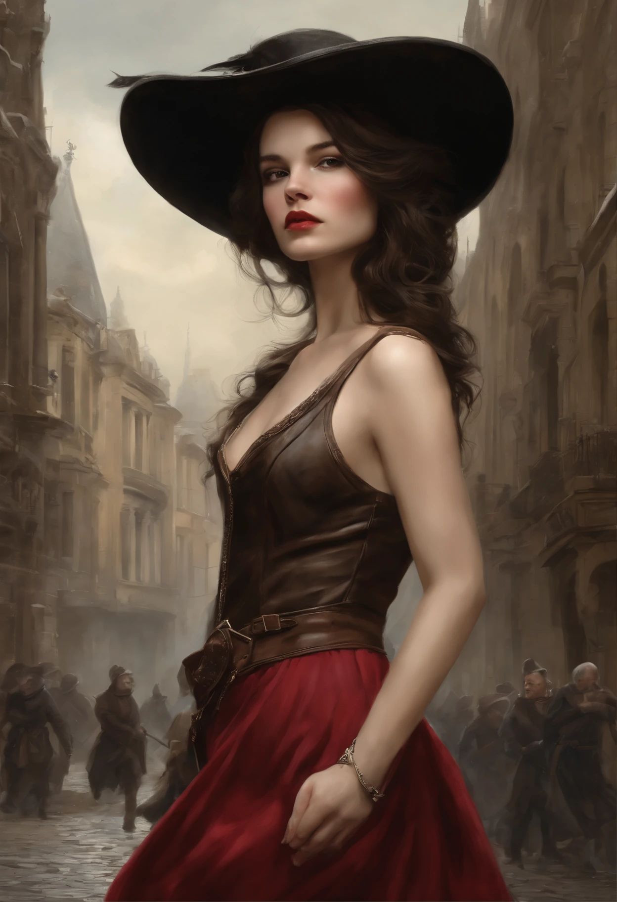 真实感, dark fantasy style, John Tolkien style, Small painting by Jean-Baptiste Monge, Soft facial features, Rocker Girl, Human Hand, Very clear, Without flaws, five fingers, Bright make-up, in a tight short red dress, Slight excess weight, Average height, dark pink lips, thin lip shape"bow" ,"Cool eyebrows in the shape of Angryburts, light gray eyes, almond-shaped eyes, looking at away, black long wavy hair, large strands of hair fluttering in the wind , pug nose, Human Hand, Very clear, Without flaws, five fingers, ,In a short dark leather fitted dress with a cutout......, Predatory gaze, Morning City, megalopolis, city trail, big house, glass skyscraper Jean-Baptiste Monge, anthropomorphic --ar 2:3 --testp -optimistic;