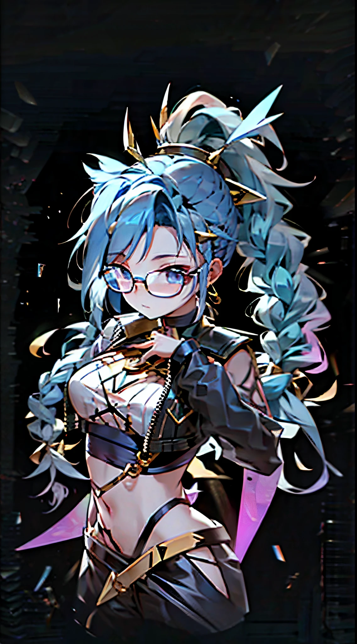 gold frame transparent glasses，Jinx ponytail，blue hairs