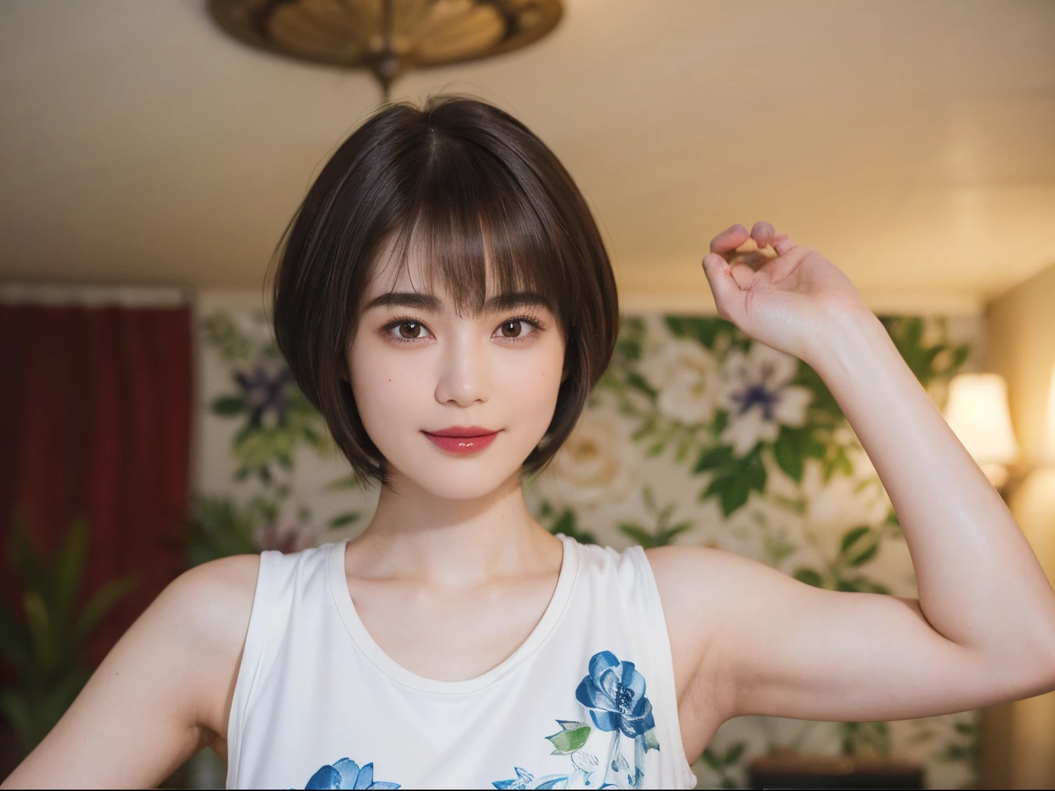 130
(a 20 yo woman,Wearing sportswear), (A hyper-realistic), (high-level image quality), ((beautiful hairstyle 46)), ((short-hair:1.46)), (Gentle smile), (breasted:1.1), (lipsticks), (Large room), (florals), (Painterly)