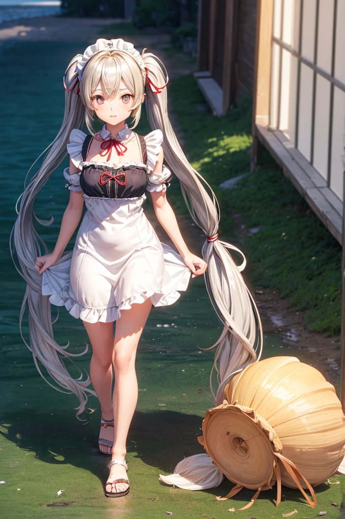 (((1girl with))),( absurdly , High quality , ultra-detailliert ),((Summer at noon)),(((masutepiece))),((the beach))),(()),(((Long-haired blonde twintails))),(((silver maid dress)))、with a red ribbon on the head,,,,,,,,,(((Wearing flip-flops))),,,((render of a cute 3d anime girl)),Super Detailed Beautiful Girl,, (((posterior view))),Pick up shells