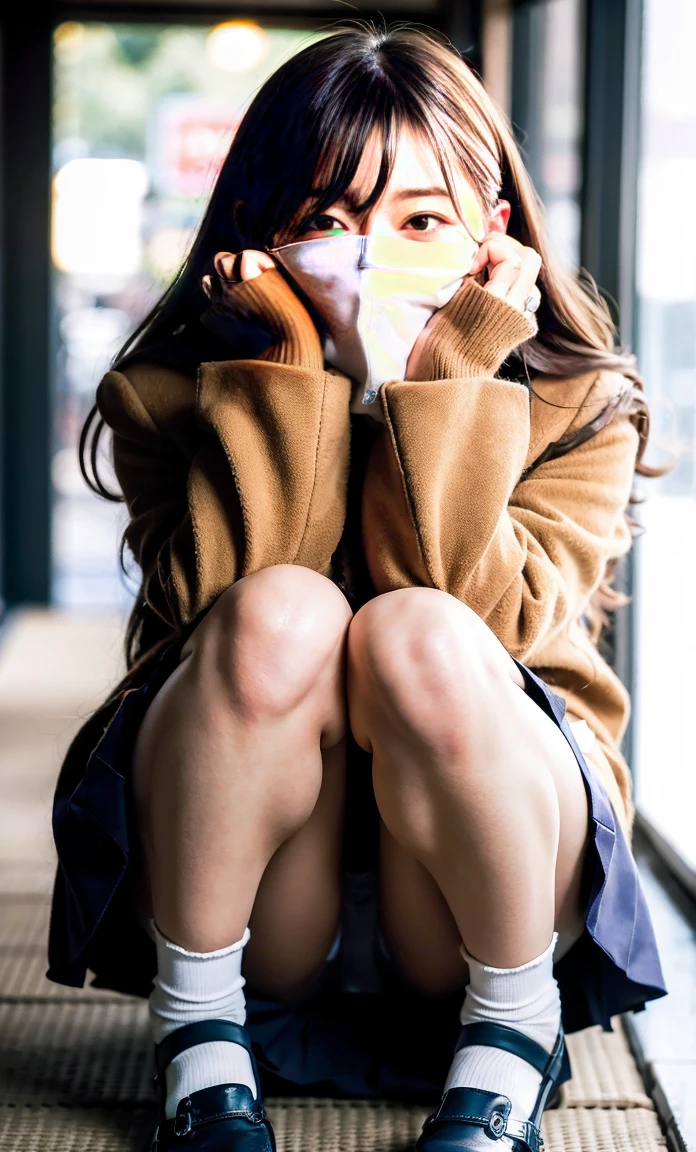 ulzzang -6500-v1.1, (Raw foto:1.2), (Photorealsitic:1.4), a beautiful detailed girl, extremely detailed eye and face, beatiful detailed eyes, Ridiculous, unbelievable Ridiculous, huge filesize, ultra-detailliert, hight resolution, ighly detailed, top-quality, masterpiece, Kemomimi, ((bury your face in your scarf)), (((Japan schoolgirl uniform))), illustratio, ighly detailed, nffsw, unification, 8k wallpaper, astonishing, finely detail, masterpiece, top-quality, Highly detailed ticker uniform 8K wallpaper, face lights、Cinematographic lighting、1girl in、sixteen years old、(witheout panties)、((dynamicposes)))、(camel's toe)、(half)、(Crooked knees and legs sitting))
