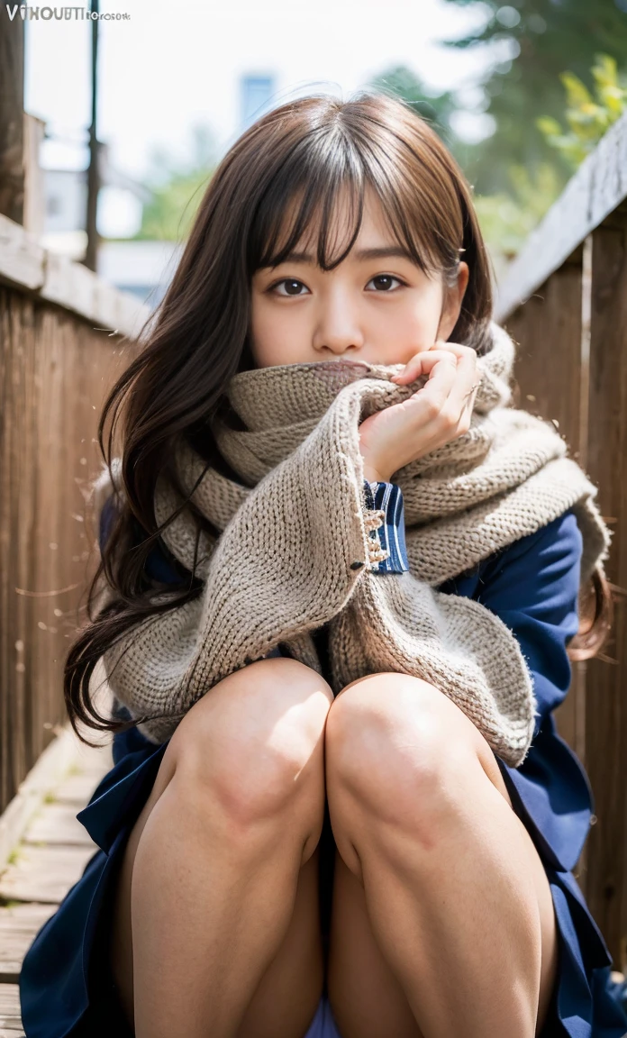 ulzzang -6500-v1.1, (Raw foto:1.2), (Photorealsitic:1.4), a beautiful detailed girl, extremely detailed eye and face, beatiful detailed eyes, Ridiculous, unbelievable Ridiculous, huge filesize, ultra-detailliert, hight resolution, ighly detailed, top-quality, masterpiece, Kemomimi, ((bury your face in your scarf)), (((Japan schoolgirl uniform))), illustratio, ighly detailed, nffsw, unification, 8k wallpaper, astonishing, finely detail, masterpiece, top-quality, Highly detailed ticker uniform 8K wallpaper, face lights、Cinematographic lighting、1girl in、sixteen years old、(witheout panties)、((dynamicposes)))、(camel's toe)、(half)、(Crooked knees and legs sitting))