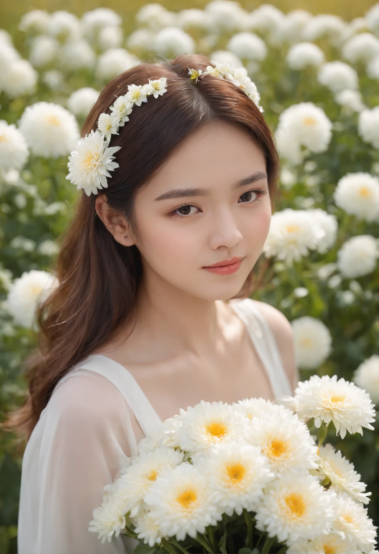 (Best Quality,4K,hight resolution,RAW photo,taken with 135mm F1.8 lens,masutepiece:1.2),Realistic,Christmas,girl (), there is a woman holding a bouquet of flowers in front of a bouquet of small white chrysanthemums, with small white chrysanthemums, with a field of small white chrysanthemums around, holding flowers, girl in flowers, woman in flowers, a young Asian woman, holding flowers, Beautiful young Vietnamese woman, flowers on heiress' cheek, portrait of woman holding flowers, woman standing in a field of flowers, girl standing in a field of flowers