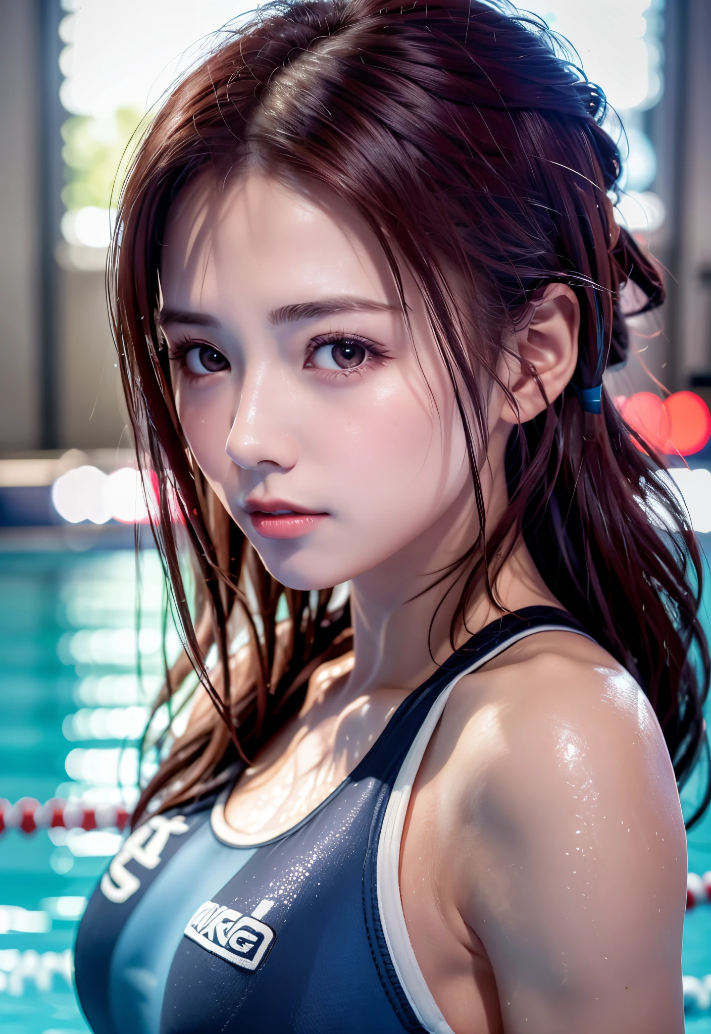 8K, of the highest quality, masutepiece:1.2), (Realistic, Photorealsitic:1.3), of the highest quality, masutepiece, Beautiful young woman, Pensive expression, Thoughtful look, Competitive swimmers、swim wears、Hair tied back, Cinematic background, Light skin tone、wetted skin