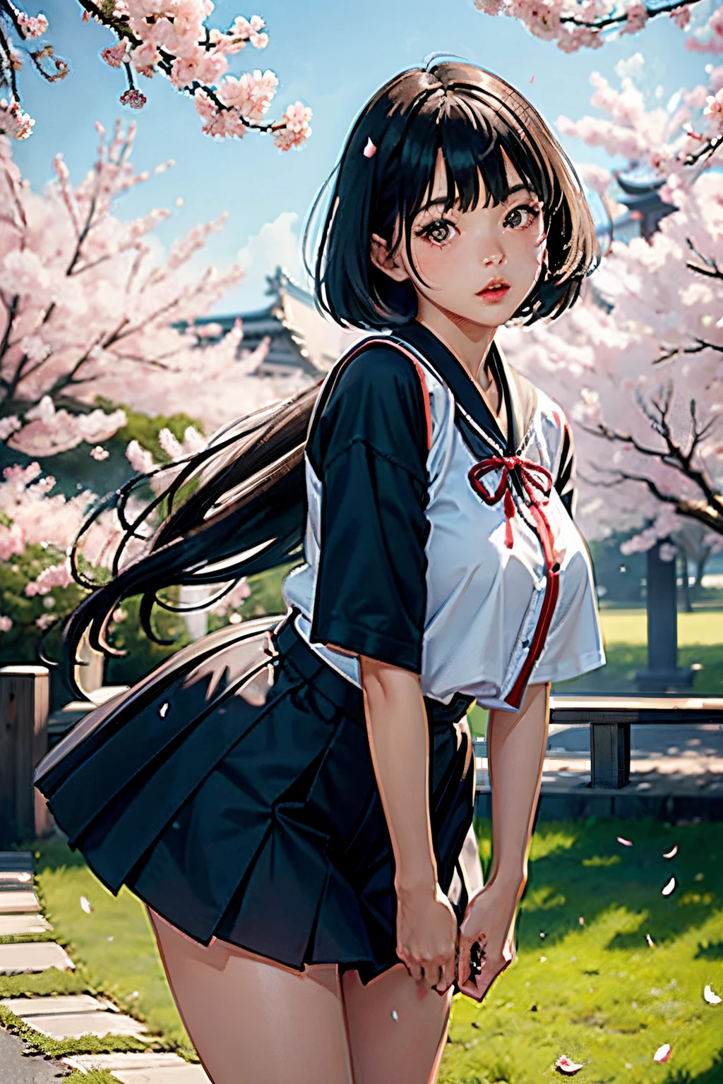 18yr old,ChineseGirl,height 1.69m,Full body like(Waist and above),Brown eyes, short black hair, Wearing black Japanese high school uniform,quadratic element, Royal sister style, Cherry blossom petals falling behind you,The sun shining on the girl,There are bangs in front of the forehead,Part of the hair hangs down on both sides of the face,The cheekbones do not protrude,The mouth not large,Slightly chubby cheeke cute,The body facing the camera,White skin,Redlip,Willow eyebrows,Thinner eyebrows,Cheeks are rounder,The arms are thinner,largeeyeirst person perspective,conservativelydressed