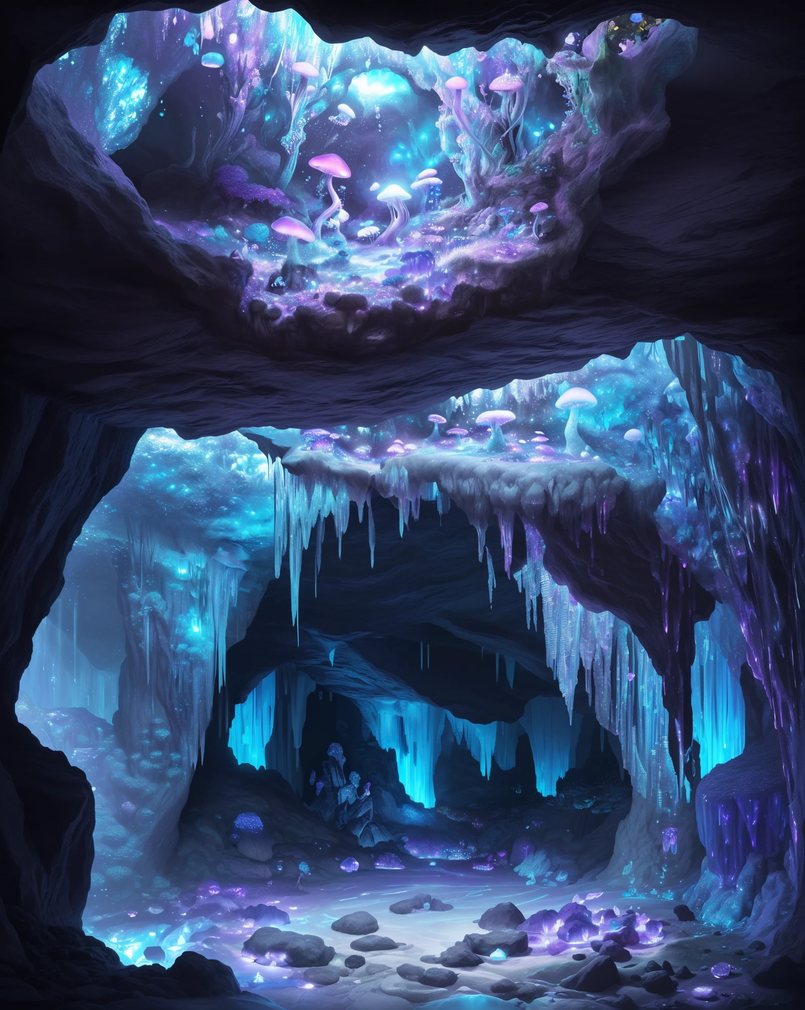 Tiny cute baby bunny in a colorful crystal cave, enchanted, floating orbs, ethereal mist, in the style of fairytale