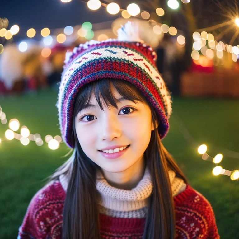 An ultra-high picture quality、Perfect Photo、japanes、japanese beauty girl、 student、((((directly in front))))、Winter clothes、Christmas Lights、lawn、bobhair、Knitted hats、Open your mouth a little、I am happy、look up sky、