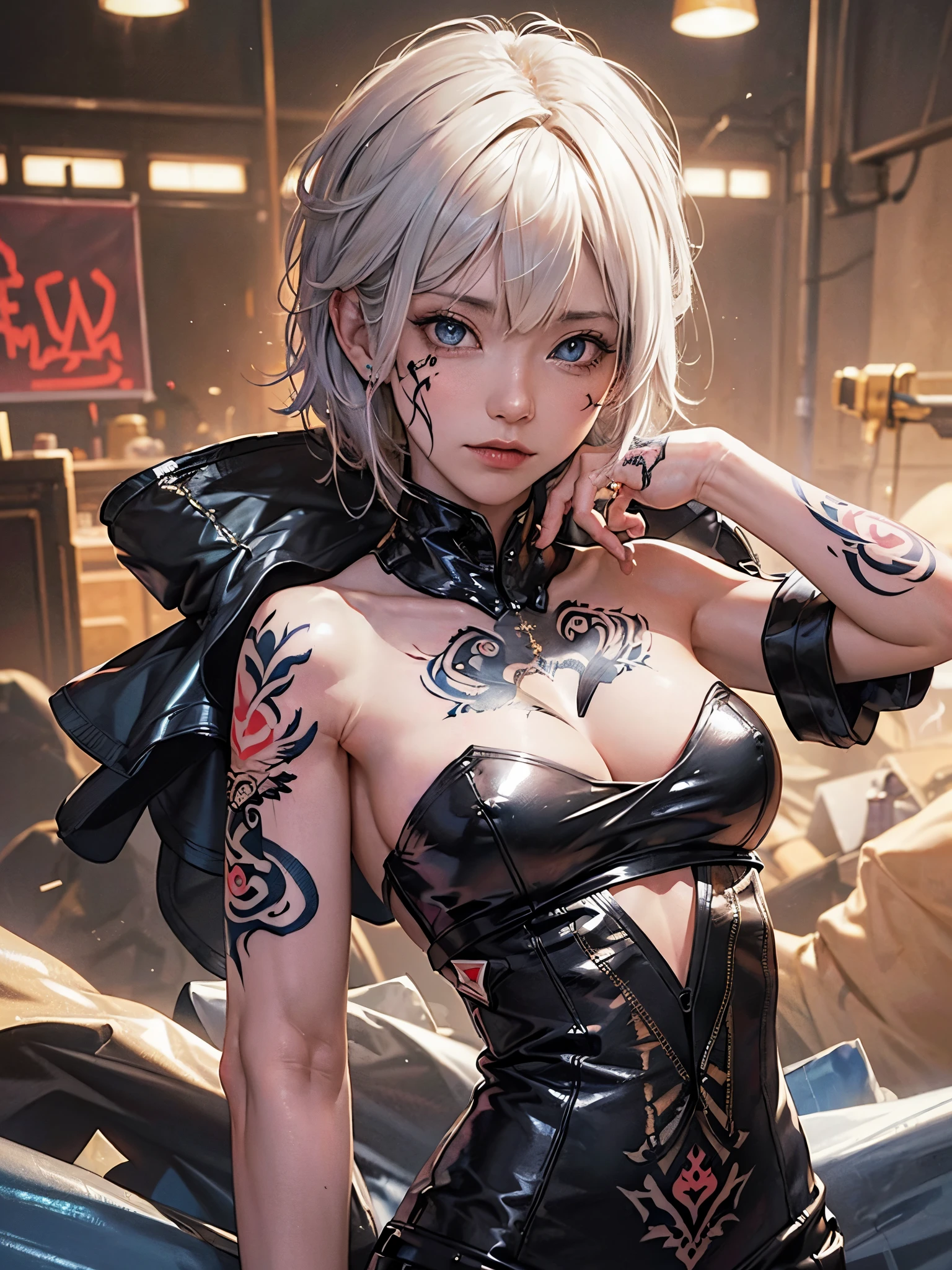 (( (tmasterpiece),(Very detailed CG Unity 8K wallpaper),(bustshot:1.5), best qualtiy,cinmatic lighting,Photorealsitic, 细致背景,Beautiful and detailed eyes,(Very fine and beautiful),(Beautiful and detailed eyes description),ultra - detailed,tmasterpiece,hight resolution)), Richly decorated armor, a beautiful woman warrior, Platinum Blonde Hair, cleavage of the breast, (Perfect Anatomy:1.2), ((The tattoo:1.6)), (Constricted waist)