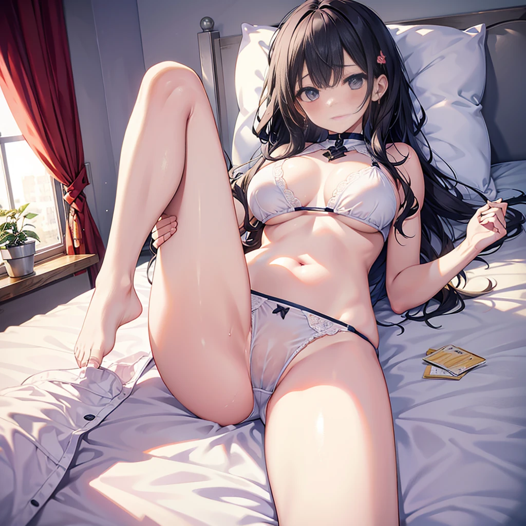sexy beauty lying on bed,Large breasts,wearing thin white bikini underwear,Spread your legs apart,having fun,I blushed shyly,White liquid runs down my underwear,Urgency of urination,Looks painful,Panties are wet