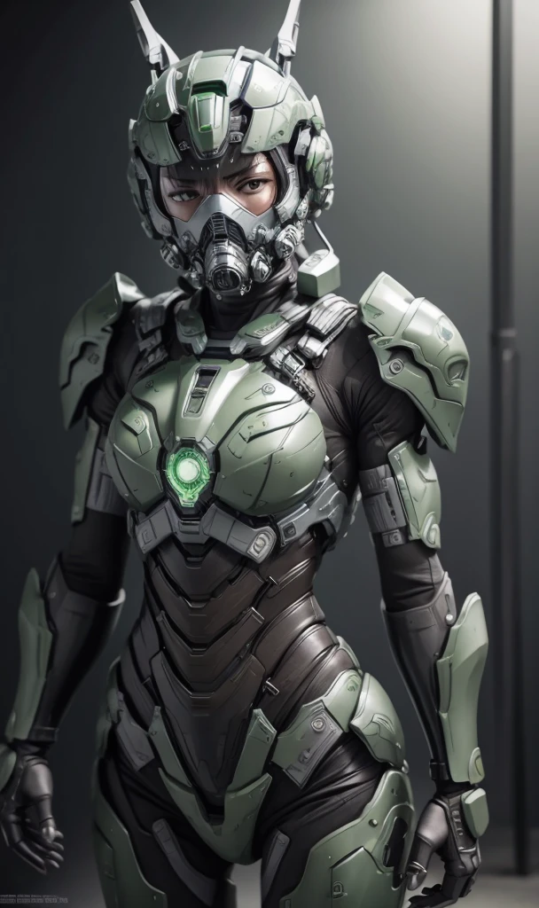 Textured skin, Super Detail, high details, High quality, Best Quality, hight resolution, 1080p, hard disk, Beautiful,(War Machine),beautiful cyborg woman,Dark Green Mecha Cyborg Girl,Battle Mode,Girl with a Mecha Body,She wears a futuristic war machine weapon mech、Very Shorthair、sexy eye、sweaty brown eyes、Sweaty face、troubled look　a gas mask　(take off full face) (hand-to-hand combat) Steam from the head　countless wires from the back　(Carrying an oxygen cylinder on your back)