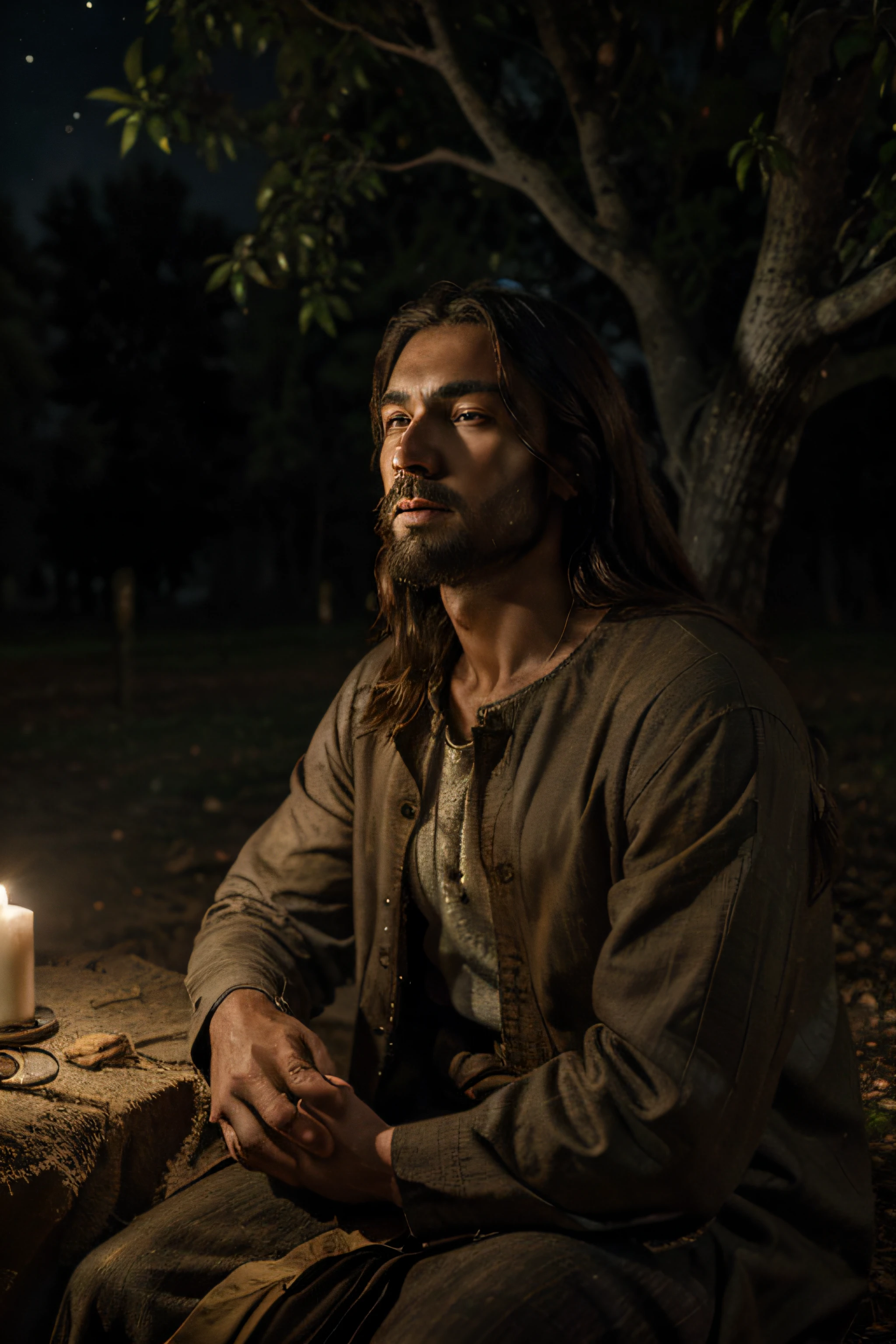 (best quality,ultra-detalhado,Realistic),jesus descansando,next to a tree,noite escura,roupas antigas detalhadas,luar,calm expression,roupas usadas,peaceful atmosphere,SKY FULL OF STARS,Keen Senses,Sombras profundas,fogueira fraca.