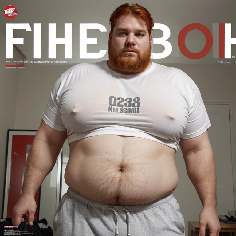 Magazine photos, Athletic white man, ginger, red hair, big butt, grey sweatpants, has big boobs, fat man tits, massive man boobs, wearing a shirt or a bra,