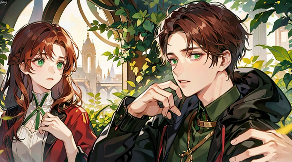 1 man with reddish brown hair and green eyes，Every look  full of tenderness, sad expressions, The combination of beauty and integrity.