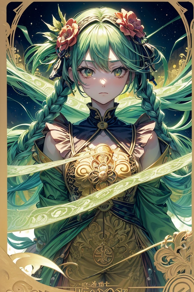 (masutepiece, of the highest quality, Best Quality, Official art, Beautiful and aesthetic:1.2), (1girl in:1.3), (Fractal Art:1.3), The card, tarot, Green hair, Twin braids, Hair Flower, (good lighting:1.1), ((hight resolution)), Tarot card style
