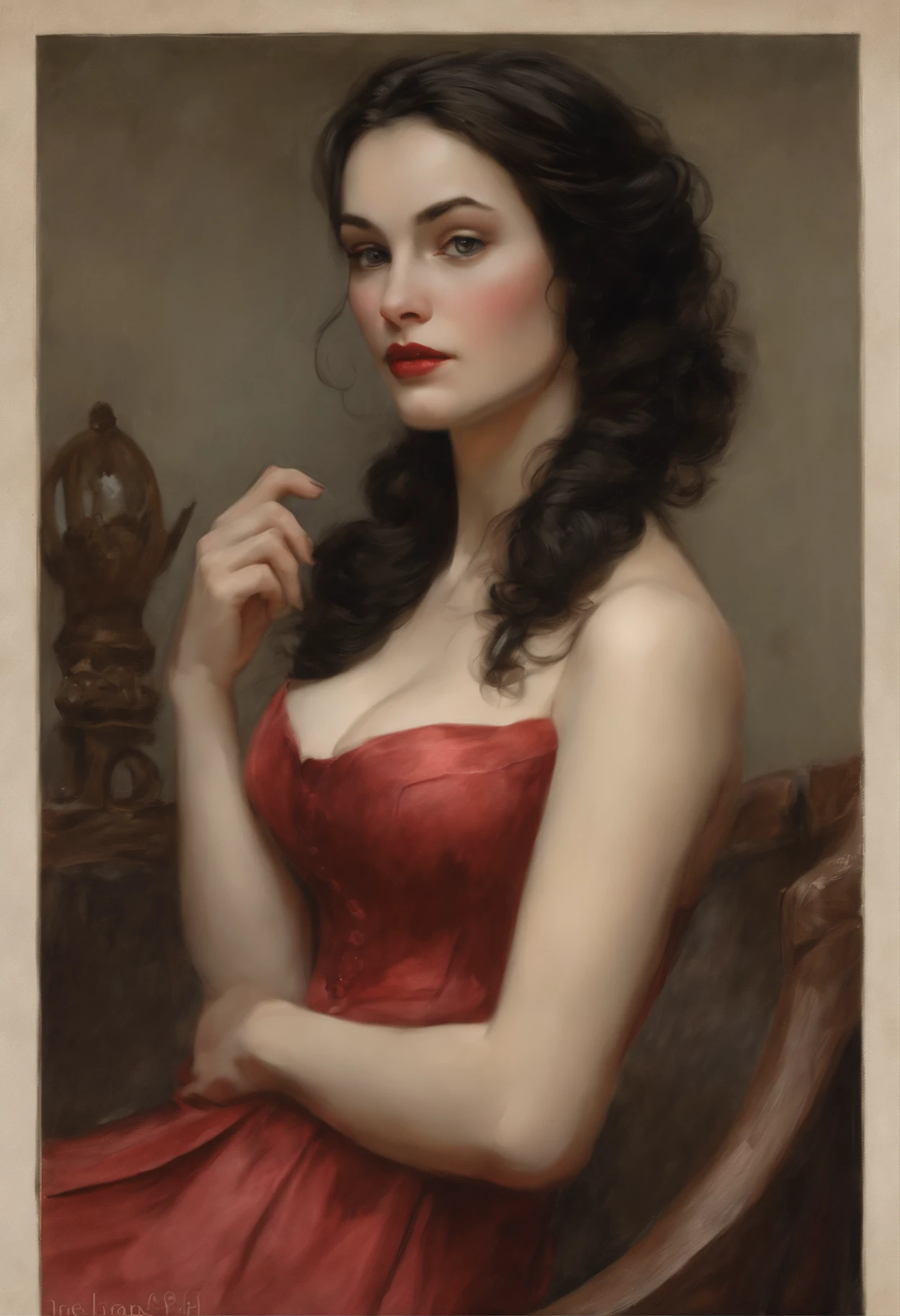 真实感, dark fantasy style, John Tolkien style, Small painting by Jean-Baptiste Monge, Soft facial features, Rocker Girl, Human Hand, Very clear, Without flaws, five fingers, Bright make-up, in a tight short red dress, slight excess weight, Average height, dark pink lips, thin lip shape"bow" ,"Cool eyebrows in the shape of Angryburts, light gray eyes, almond-shaped eyes, looking at away, black long wavy hair, large strands of hair fluttering in the wind , pug nose,    Human Hand, Very clear, Without flaws,  five fingers,  ,In a short dark leather fitted dress with a cutout......., Predatory gaze, There is a motorcycle next to it, Morning City, megalopolis, city trail, big house, glass skyscraper Jean-Baptiste Monge, anthropomorphic --ar 2:3 --testp -optimistic;